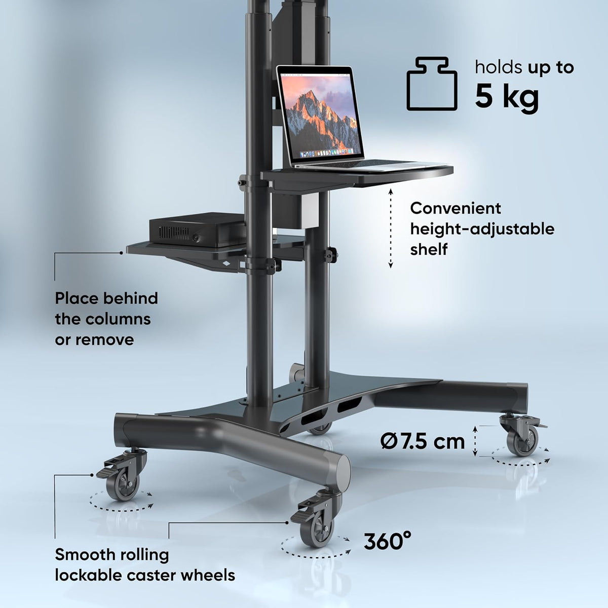 ONKRON Gemotoriseerde TV Beugel op Wielen voor 50" - 86" Scherm, Mobiele TV Standaard met TV Lift tot 90.9 kg - Vloerstandaard Televisie Lift Max VESA 800x500/TV Lift Elektrische Kast TS1881E-B Zwart