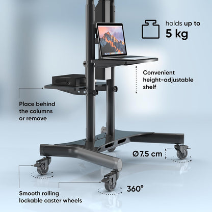 ONKRON Gemotoriseerde TV Beugel op Wielen voor 50" - 86" Scherm, Mobiele TV Standaard met TV Lift tot 90.9 kg - Vloerstandaard Televisie Lift Max VESA 800x500/TV Lift Elektrische Kast TS1881E-B Zwart