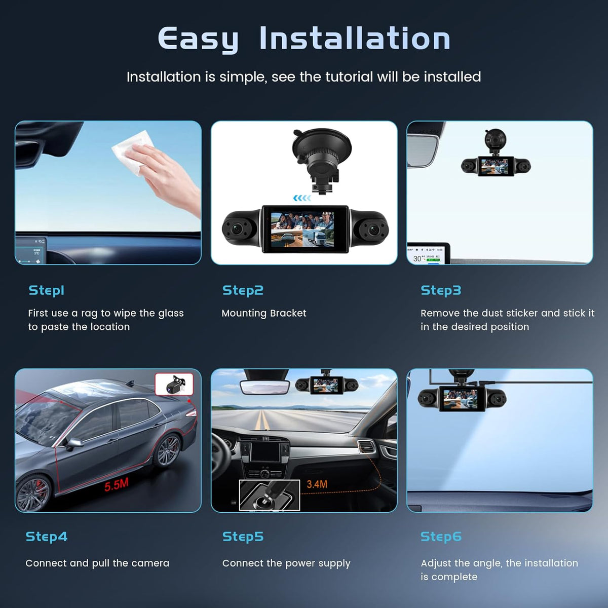 Hikity 4-kanaals dashcam, wifi dashcam 2K voor en 1080p achter binnen links rechts met 3 inch scherm, autocamera met 64 GB kaart wifi, G-sensor, loop-opname, nachtzicht, parkeerbewaking, 360°