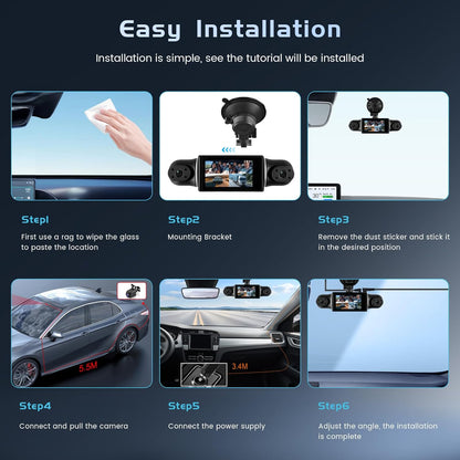 Hikity 4-kanaals dashcam, wifi dashcam 2K voor en 1080p achter binnen links rechts met 3 inch scherm, autocamera met 64 GB kaart wifi, G-sensor, loop-opname, nachtzicht, parkeerbewaking, 360°