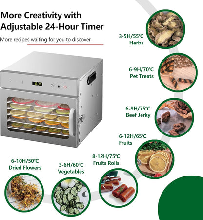 Fruitdroger van roestvrij staal, met 6 planken en gratis receptenboek, BPA-vrij, temperatuurinstelling 30-90 °C, max. 24 uur, droogapparaat voor groenten, vlees, chili, 400 watt