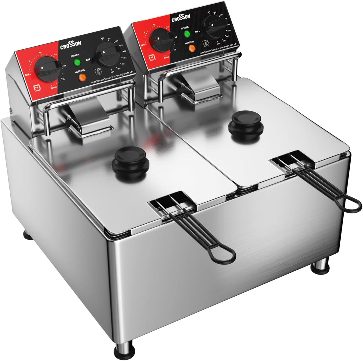 CROSSON Elektrische Friteuse met Dubbele Tank 8L,230V/5000W Professionele Elektrische Friteuse met Verstelbaar Thermostaat 80-200°C,met Afneembare Olietank,Verstelbare Roestvrijstalen Poten