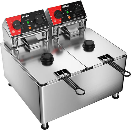 CROSSON Elektrische Friteuse met Dubbele Tank 8L,230V/5000W Professionele Elektrische Friteuse met Verstelbaar Thermostaat 80-200°C,met Afneembare Olietank,Verstelbare Roestvrijstalen Poten