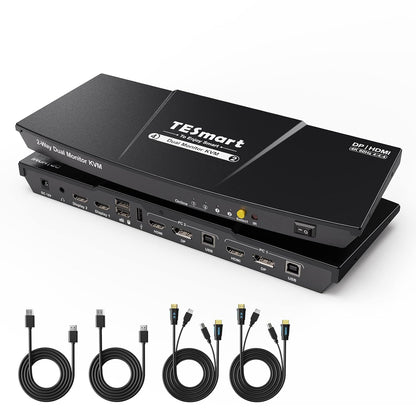 TESmart 4K@60Hz DisplayPort HDMI KVM Switch 2 PC 2 Monitoren, KVM-schakelaar met EDID, audio, 3x USB voor scanner, printer, Toetsenbord Muis, sneltoets, met invoerkabel, IR-afstandsbediening