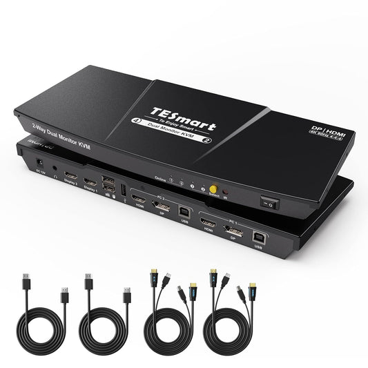 TESmart 4K@60Hz DisplayPort HDMI KVM Switch 2 PC 2 Monitoren, KVM-schakelaar met EDID, audio, 3x USB voor scanner, printer, Toetsenbord Muis, sneltoets, met invoerkabel, IR-afstandsbediening