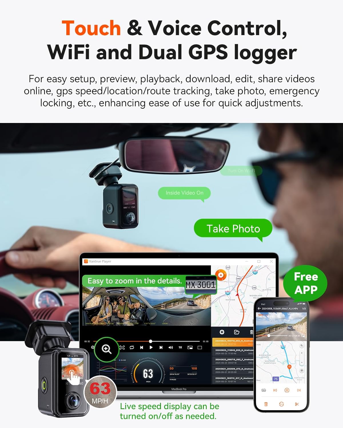 VANTRUE E360 Plus 3-kanaals 5.2K panorama+1440p dashcam met Dual STARVIS 2 HDR nachtzicht, 360° buffer parkeermodus dashcam, spraakgestuurde autocamera, APP, 1,54 inch touchscreen, max. 1TB