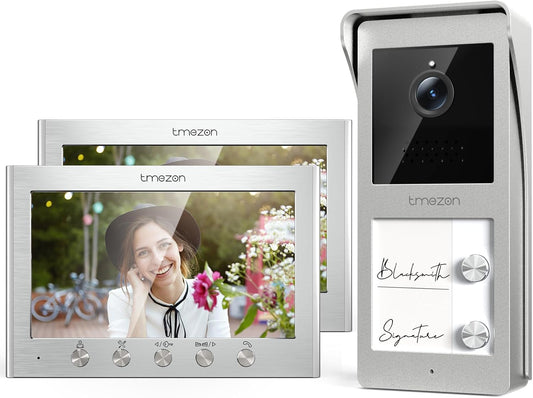 TMEZON Intercom met 2 draden, voor tweegezinshuishoudens, met twee 7 inch TFT-monitoren en buitenbel met camera, nachtzicht, twee-weg audio, T30 voor 2 gezins/woningen