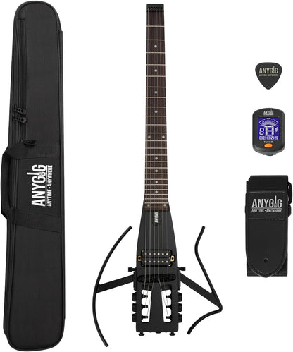 Anygig Reis-elektrische gitaar, ultralicht headless-design met 64 cm palissander-toets, compacte solidbody-oefengitaar met afneembare arm- en beensteunen, zwart