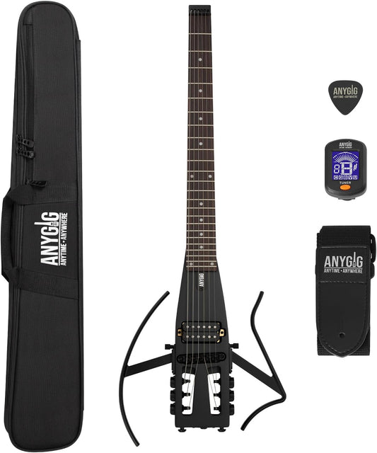 Anygig Reis-elektrische gitaar, ultralicht headless-design met 64 cm palissander-toets, compacte solidbody-oefengitaar met afneembare arm- en beensteunen, zwart