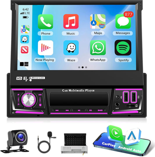 2 + 64G Wireless CarPlay Android Auto 1Din Autoradio, 7 inch Android Stereo Auto Bluetooth met scherm, ondersteuning GPS Navigatie/WiFi/SWC/FM/RDS/touchscreen/USB/Chargge + achteruitrijcamera