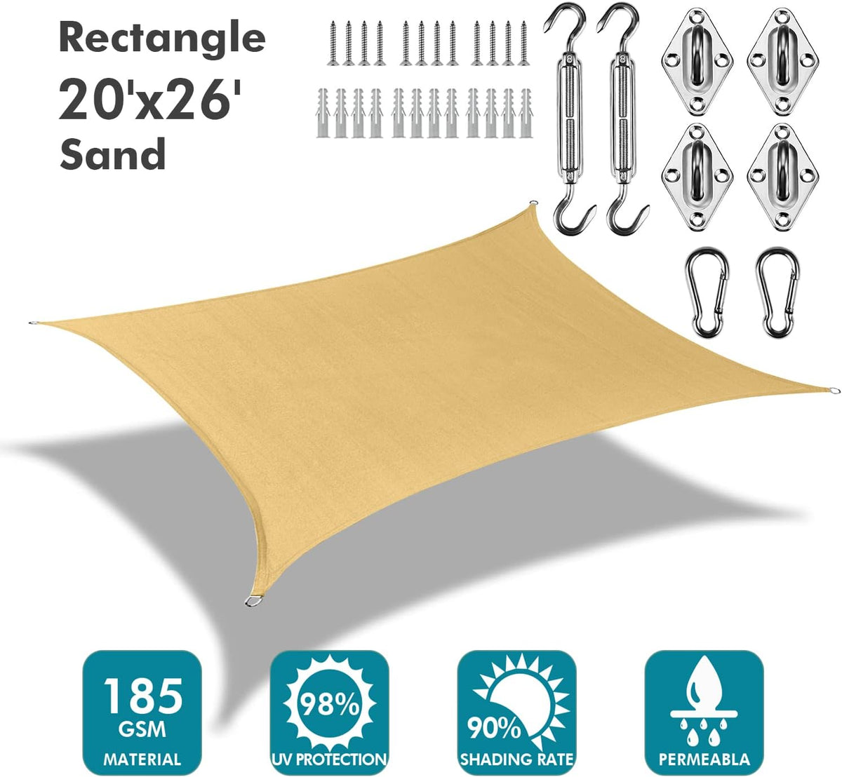 KANAGAWA Zonneschermzeil, 20 x 76 cm, extra grote rechthoekige UV-blokkerende luifel, beschutting, stoffen doek scherm met schaduwzeil, hardwarekit voor buiten, patio, tuin, achtertuin