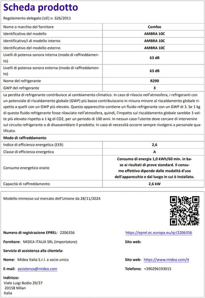 COMFEE' AMBRA Mobiele airconditioner 9000 BTU/H, 10C, 2,6 kW, 25 ㎡/68 m³, 3-in-1, draagbaar, ventilator, koeling, ontvochtiging, 24-uurs timer, slaapmodus, volgfunctie