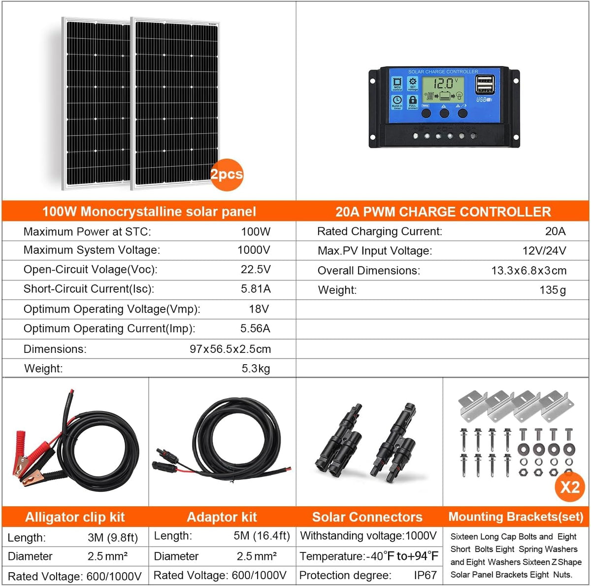 Zonnepaneel Set van 2 – Zonnepanelen – Zonnepaneelset – 12V Zonnepaneel – Camper Zonnepaneel – Monokristallijne Cellen – Gehard Glas, Geanodiseerd Aluminium Frame
