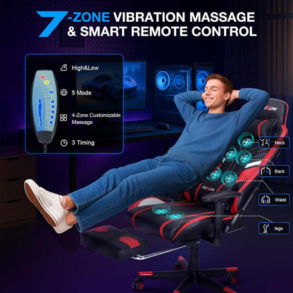 Douxlife Gaming Stoel, met 7-punts Massage, Ergonomische bureaustoel met Voetensteun, 90-175° Rugleuning Instelbaar, Verstelbare 2D-Armleuning, PC-gamerstoel, Bureaustoel, 180 kg, Zwart-rood