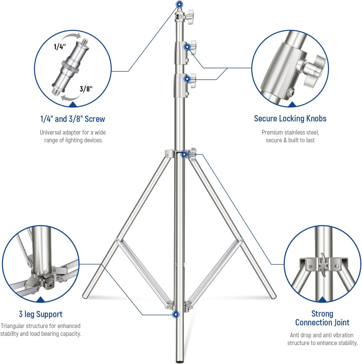 NEEWER 2 stuks 9 ft roestvrijstalen lichtstandaards, veergedempte zware fotografie statief standaard met 1/4 "-3/8" adapter voor stroboscoop-video-ringlicht, monolight softbox, 22 lbs maximale
