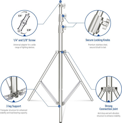 NEEWER 2 stuks 9 ft roestvrijstalen lichtstandaards, veergedempte zware fotografie statief standaard met 1/4 "-3/8" adapter voor stroboscoop-video-ringlicht, monolight softbox, 22 lbs maximale