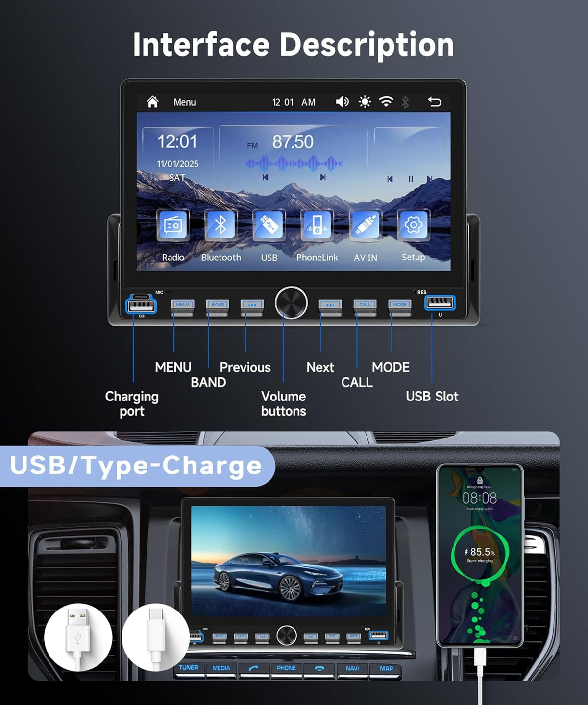 Autoradio, 1 Din pianotoetsen met draadloze Carplay Android auto, 7 inch IPS HD touchscreen, autoradio, ondersteuning bluetooth, FM-radio, USB/type-C, spiegellink, achteruitrijcamera