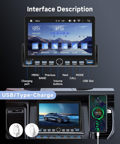Autoradio, 1 Din pianotoetsen met draadloze Carplay Android auto, 7 inch IPS HD touchscreen, autoradio, ondersteuning bluetooth, FM-radio, USB/type-C, spiegellink, achteruitrijcamera