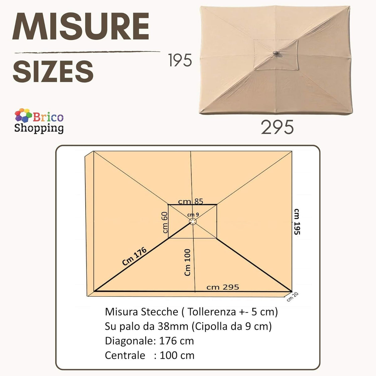 Vervangend zeil voor parasol met centrale mast, 300 g/m², waterdicht, met versterkte zakken, 6 of 8 stangen boven, afdekking van stof met airvent, Mt 3x3