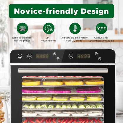 Kwasyo Voedseldroger van roestvrij staal, 0,67 m², 8 roestvrijstalen tablets, led-display, 24-uurs timer, instelbare temperatuur 35 °C - 85 °C, voor vlees, groenten en fruit