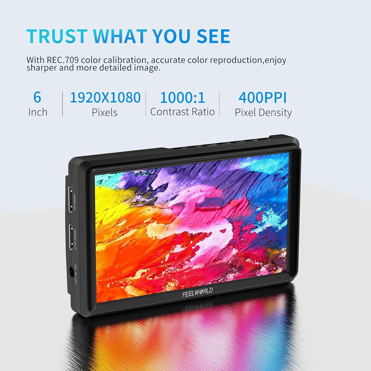 FEELWORLD FW568 V3 6 Inch Camera Field Monitor FHD 1920x1080 IPS,with 3D LUT,4K HDMI Input and Loop,Peak Focus DSLR Video Assist,HDR Waveform, Parasol for Movie Video Recording - QUORE