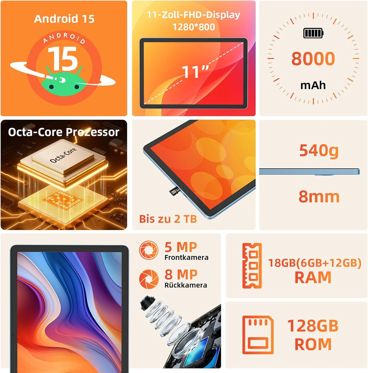Tablet 11 inch met toetsenbord: Android 15 8000 mAh Octa-Core 18 GB + 128 GB 2TB TF Tablet PC - WiFi 6 BT 5.2 1280*800 FHD + IPS 13MP + 5MP camera met muis, USB C, adapter, hoes, OTG-adapter, pen