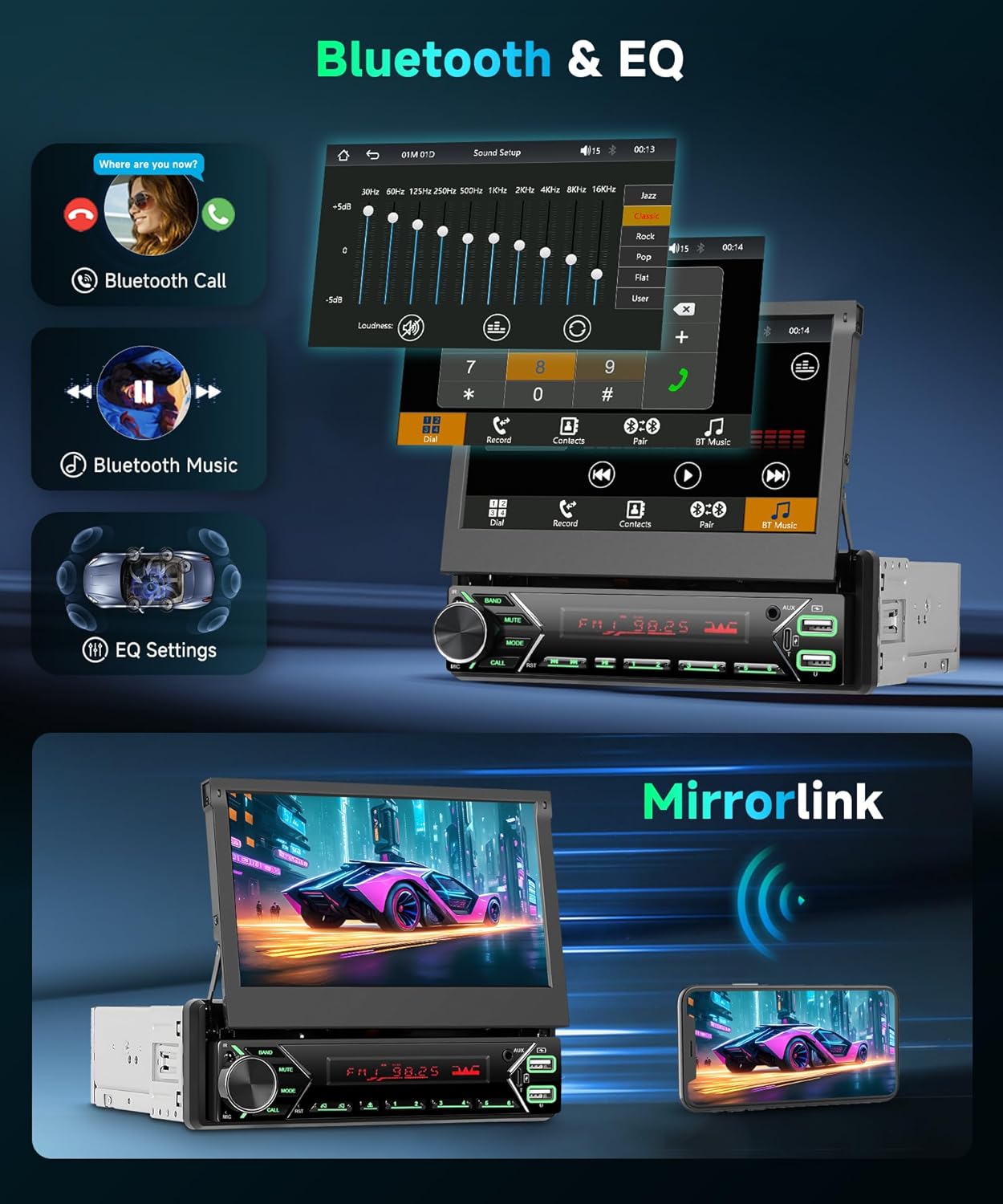 1 DIN DAB+ autoradio met 7-inch gemotoriseerd touchscreen, draadloze CarPlay & Android Auto, Podofo autoradio met Bluetooth, USB-C, Mirror Link en achteruitrijcamera