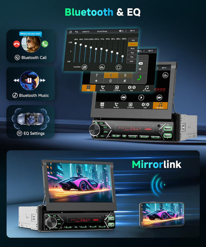 1 DIN DAB+ autoradio met 7-inch gemotoriseerd touchscreen, draadloze CarPlay & Android Auto, Podofo autoradio met Bluetooth, USB-C, Mirror Link en achteruitrijcamera