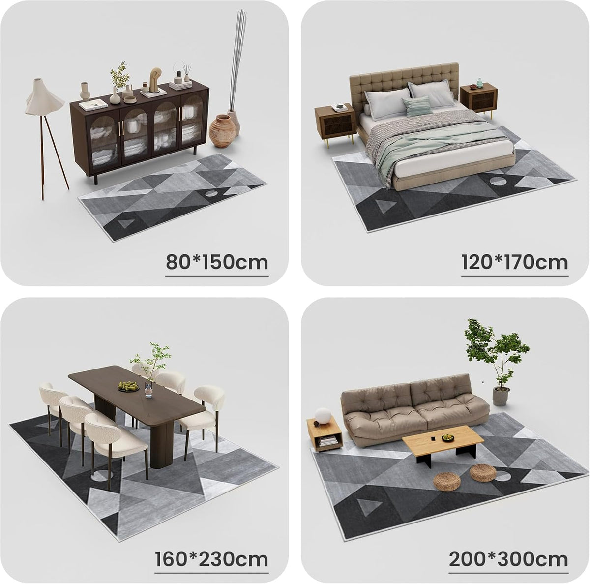 HOMFINE wasbare woonkamer korte flens tapijt-fluffy niet-slip modern tapijt, slaapkamer en eetkamer, zacht sponsmateriaal, ultrasoft en duurzaam, geometrisch abstract patroon, Grijs 200x300 cm