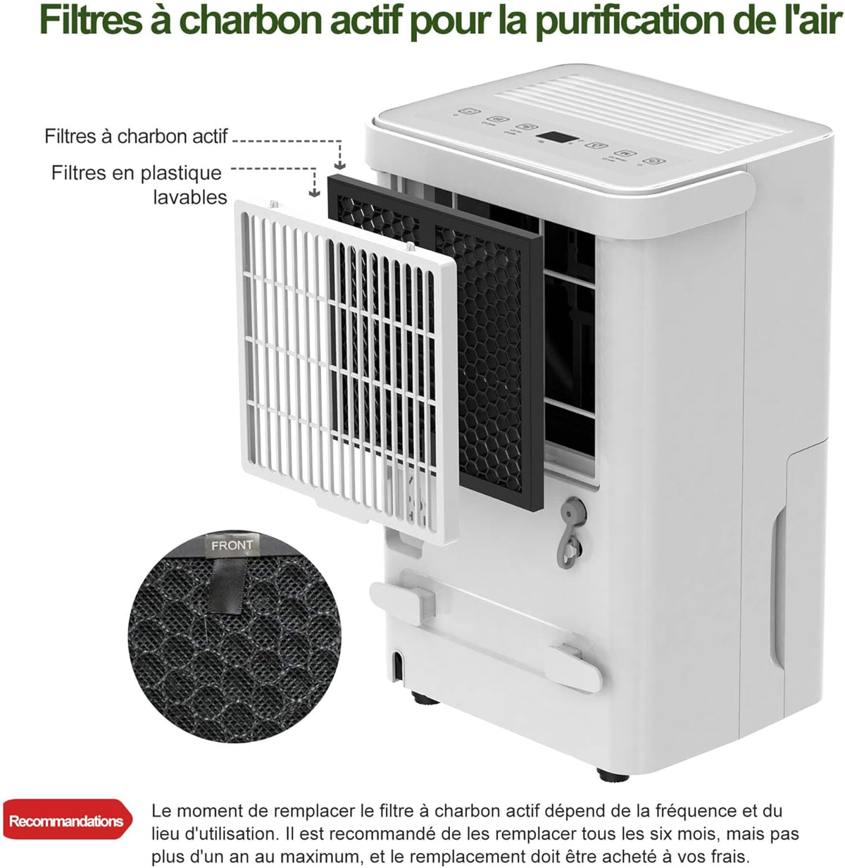 Uhome Luchtontvochtiger, elektrisch, 12 l in 24 uur, luchtontvochtiger voor 54 m³/18 m², ontvochtiger met automatische uitschakeling, vochtsensor, wasmodus, actieve koolfilter, afvoerslang (12 l
