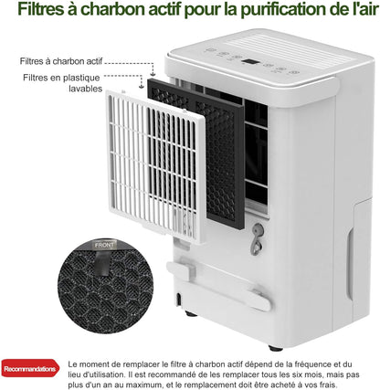 Uhome Luchtontvochtiger, elektrisch, 12 l in 24 uur, luchtontvochtiger voor 54 m³/18 m², ontvochtiger met automatische uitschakeling, vochtsensor, wasmodus, actieve koolfilter, afvoerslang (12 l