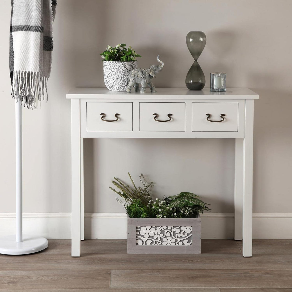 Versa Niza Smalle hal of vestibule Entree hal meubilair, Console Tafel, met 3 laden, Afmetingen (H x B x H) 80 x 35 x 90 cm, Hout, Kleur Wit