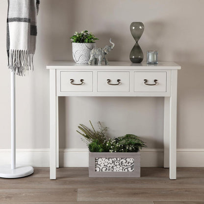 Versa Niza Smalle hal of vestibule Entree hal meubilair, Console Tafel, met 3 laden, Afmetingen (H x B x H) 80 x 35 x 90 cm, Hout, Kleur Wit