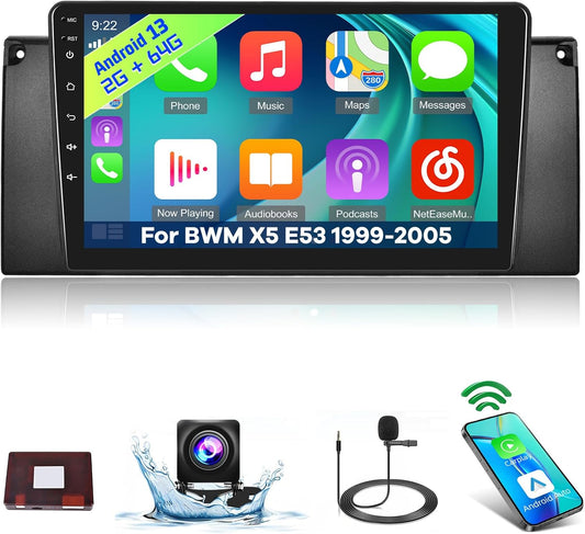 [2+64G]Android 13 Car Radio for BWM X5 E53 1999-2005 with Wireless Carplay & Android Car, 9 Inch Touch Screen Car Radio with WiFi GPS Mirror Link DSP FM/RDS Radio SWC+ AHD Rear View Camera - QUORE