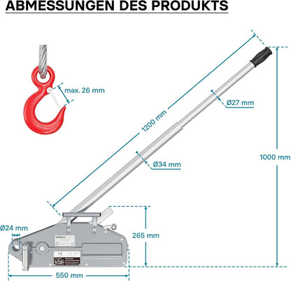 Kabellier – Handlier, Handkabellier, Kabeltakel, Handtakel – 1600 kg Draagvermogen – 20 m Kabel Ø 11 mm met Veiligheidspen en Lasthaak