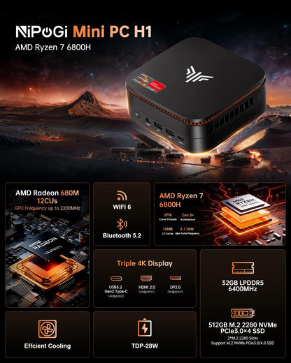 NiPoGi Hyper H1 Mini PC W-11 PRO met ΑΜD Ryzen 7 6800H (Max 4,7 GHz, 8C/16T) 32GB LPDDR5 4800MHz/512GB M.2 NVMe SSD, Mini Desktop PC voor Office DP 2.0+HDMI 2.0+Type-C 4K Triple Display/WiFi 6/BT5.2