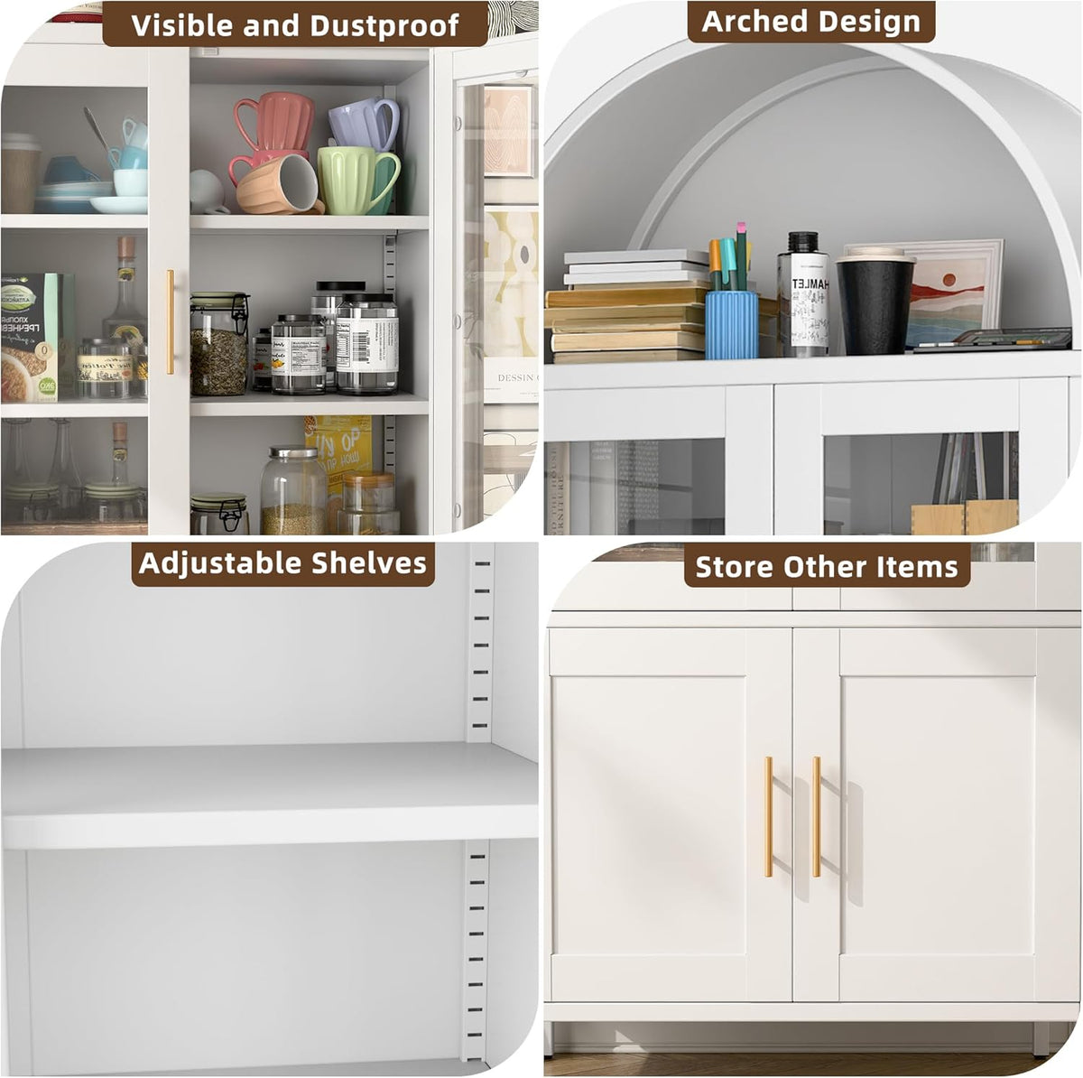 SUPEER Vitrinekast van metaal, dressoir, staande kast met gebogen dak, vitrinekast, keukenkast met 2 glazen deuren en 2 metalen deuren, glazen vitrinekast voor woonkamer, slaapkamer, 185 x 80 x 40 cm
