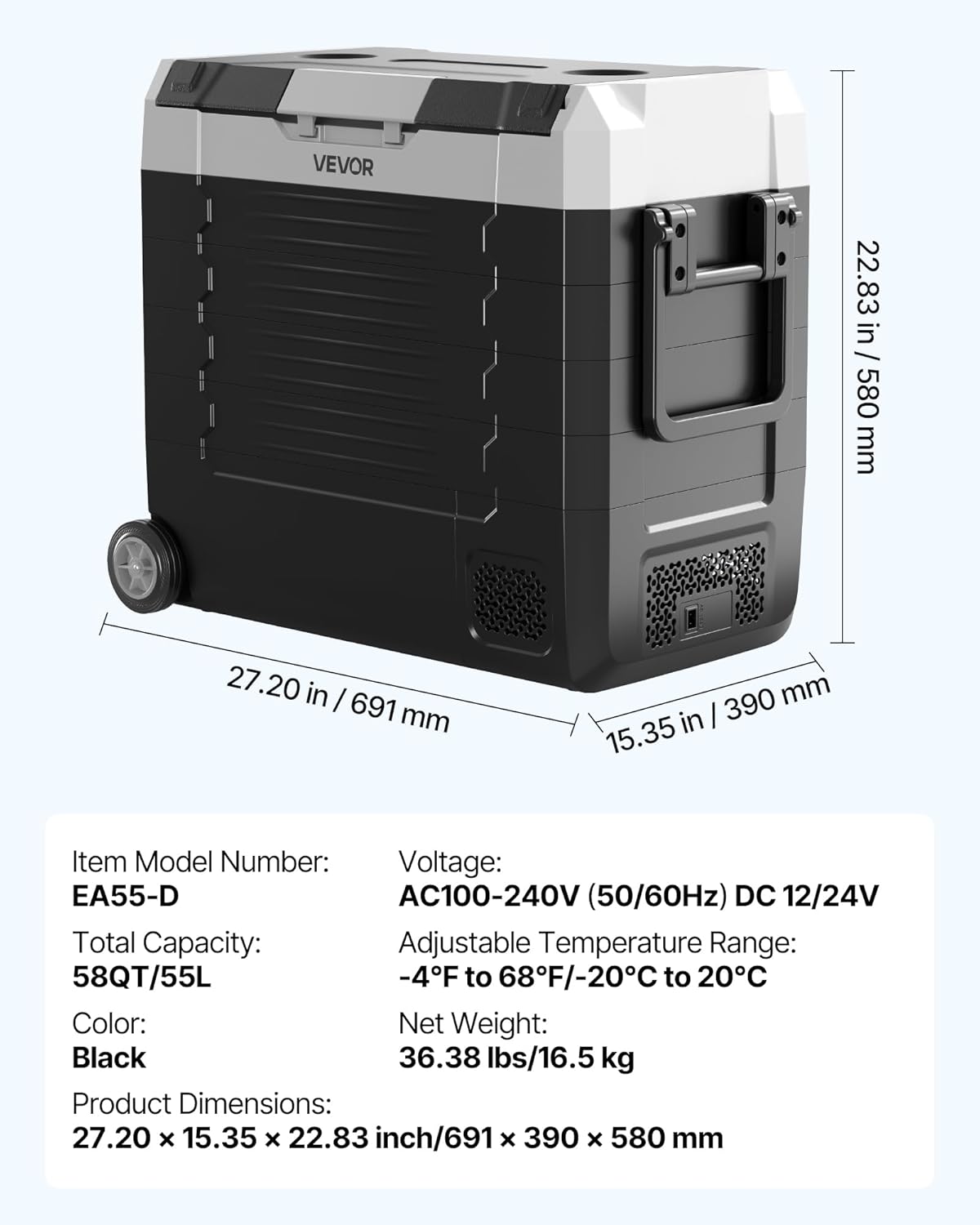 VEVOR Draagbare koelkast met compressor voor auto, DC 12 V/24 V, AC 100-240 V, draagbare koelkast voor kamperen, reizen, vissen, inhoud 55 liter, reservoir van -20 tot 20 °C, dubbel bereik voor