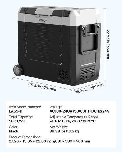 VEVOR Draagbare koelkast met compressor voor auto, DC 12 V/24 V, AC 100-240 V, draagbare koelkast voor kamperen, reizen, vissen, inhoud 55 liter, reservoir van -20 tot 20 °C, dubbel bereik voor