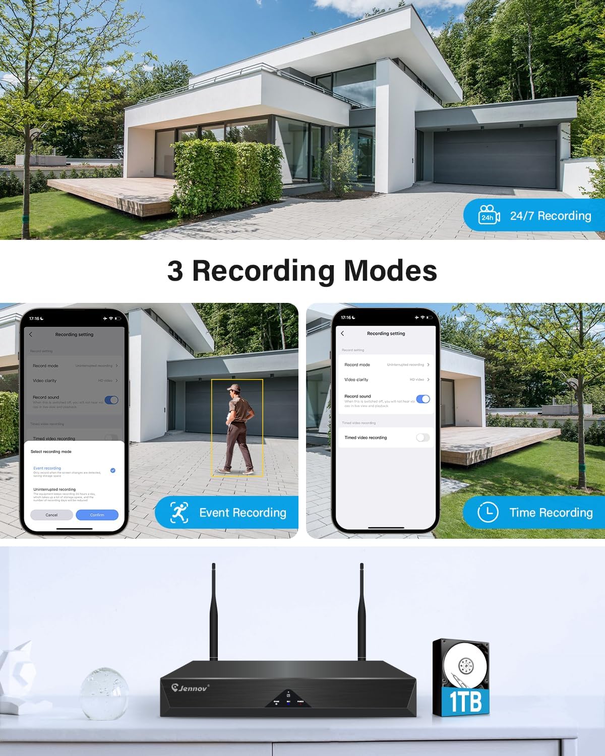 Jennov 5MP Bewakingscamera Set, 10CH 5MP WLAN NVR met 4x WiFi Buitencamera met 120° Groothoek, 24/7-opname, Persoonsdetectie, 2-Wege-Audio, Kleuren-nachtzicht, 1TB