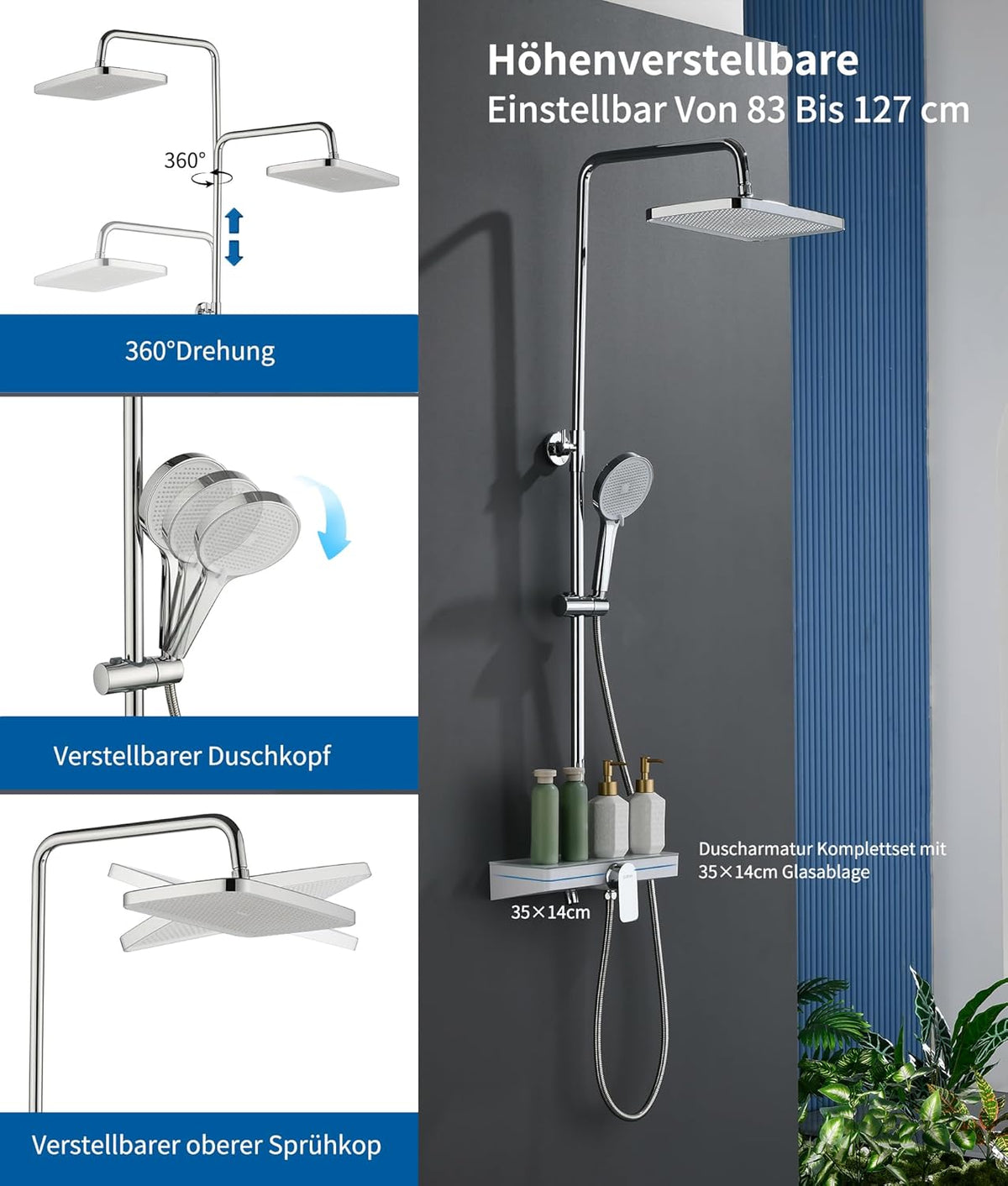 Doucheset Chroom – Douche Systeem – Regendouche – Handdouche – Douchestang – Verstelbare Hoogte – 360° Draaibare Regendouche – Grote Glazen Plank 35x14 cm