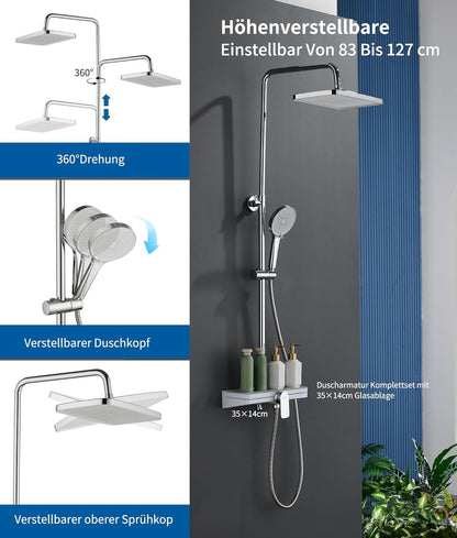 Douchesysteem, chroom, in hoogte verstelbaar, complete set, 360° rotatie, regendouche met kraan, handdouche met drie sproeimodi, 35 x 14 cm glazen plank, 33 × 21 cm grote regendouche