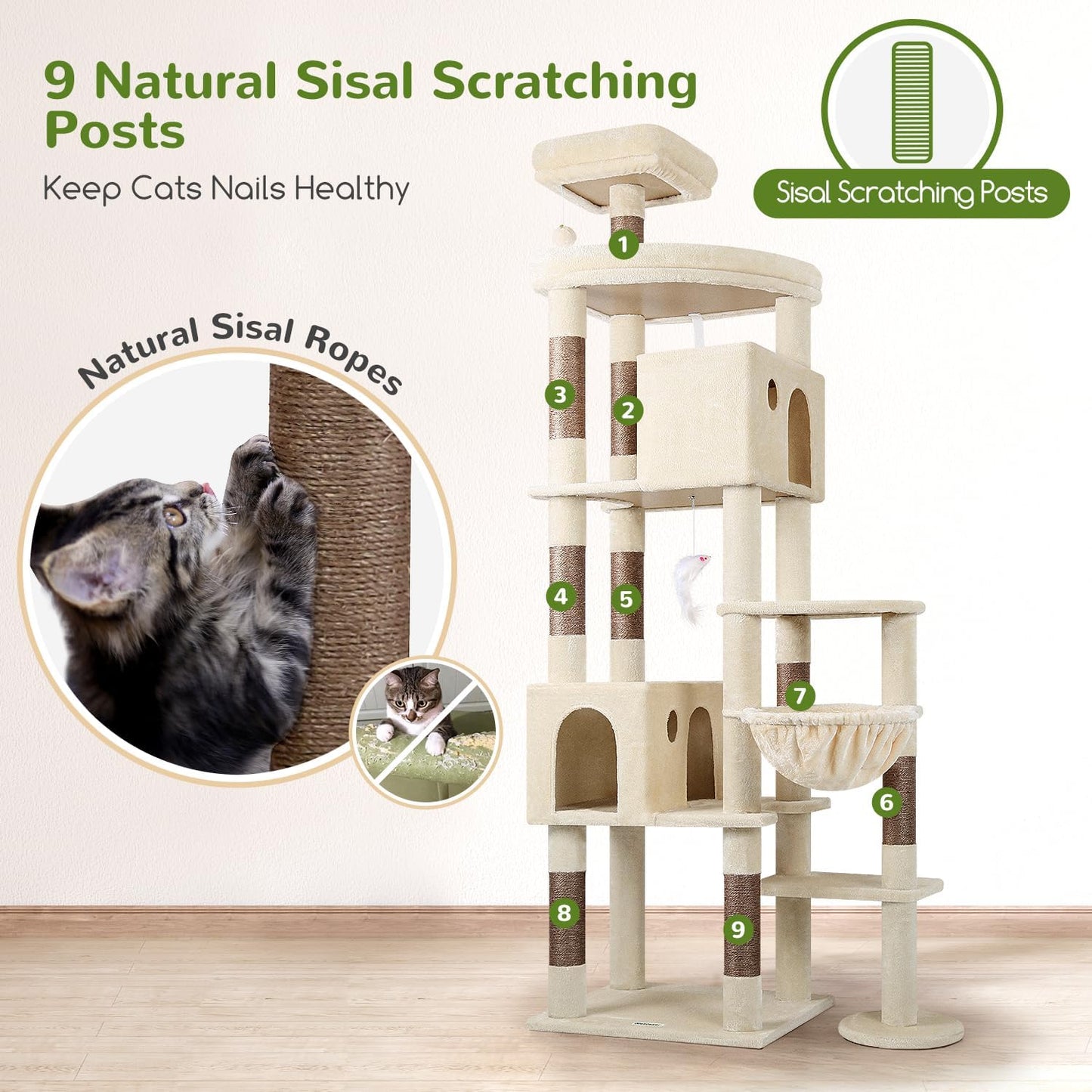 Krabpaal – Kattenboom – Kattenhuis – Kattenmeubel – Kattenmand – XL 213 cm Hoog – Luxe Sisal Krabpaal – Stabiel Met 2 Ruime Kattenholen En Gevoerde Zitstangen