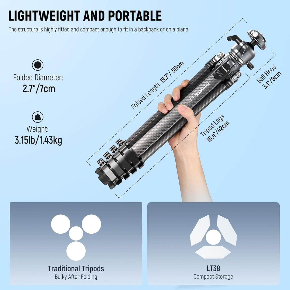 NEEWER LITETRIP LT38 61" reisstatief camera, draagbare standaard van koolstofvezel, 360° kogelkop, Arca type snelkoppelingsplaat compatibel met Peak Design Clip V3, max. belasting 22 lb