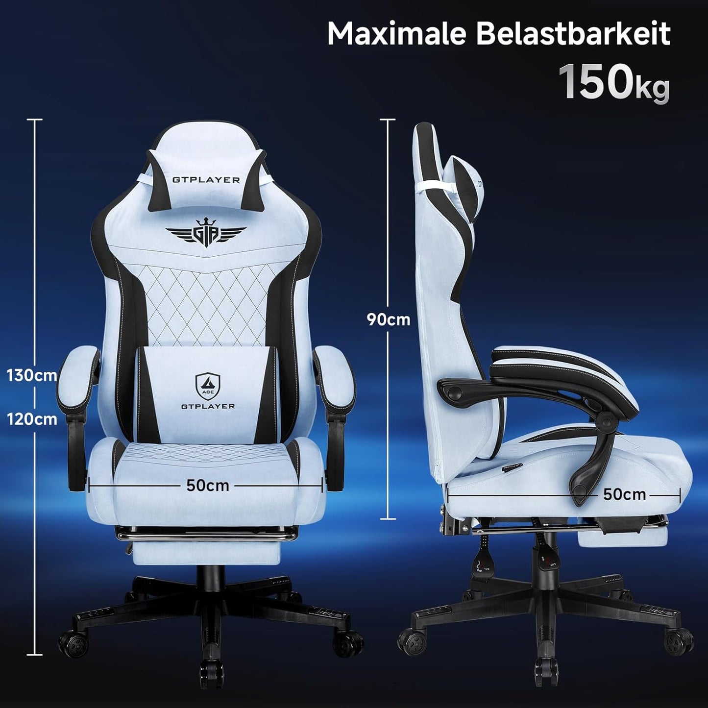 GTPLAYER Gaming Chair, Ergonomic Gamer Chair Made of High Quality Flannel with Lumbar Support, PC Chair with Widened Backrest, Maximum Load 150 kg, Light Blue - QUORE