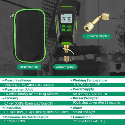 Digitale Vacuümmeter, 0-10.000 Pa HVAC-micronvacuümmetertester met Display met Achtergrondverlichting, Digitale Vacuümmicronmeterset voor Atmosferische Omgevingen