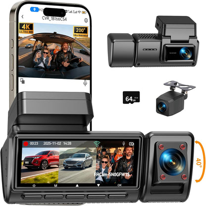 Dashcam Auto, 3 kanaalvoordeuren binnen 4K + 1080P + 1080P Dashcam, 490° Weitwinkel-Rundumbescherming, Auto Camera met 64 GB SD-kaart, 3,16 inch, nachtzicht, WDR, WiFi, G-sensor, loop-opname