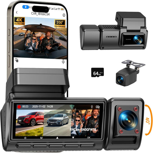 Dashcam Auto, 3 kanaalvoordeuren binnen 4K + 1080P + 1080P Dashcam, 490° Weitwinkel-Rundumbescherming, Auto Camera met 64 GB SD-kaart, 3,16 inch, nachtzicht, WDR, WiFi, G-sensor, loop-opname
