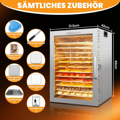 Voedseldehydrator, 12 roestvrijstalen trays, 10,9 ft² vleesdehydrator voor jerky, 800 W droger voor kruiden, temperatuurregeling van 190 °C, timer van 24 uur, krachtige droogcapaciteit voor fruit