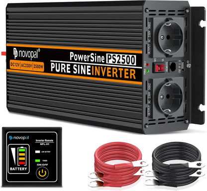 Novopal -2500 W 5000 W omvormer zuivere sinusgolf, stroomomvormer - DC 12 V in AC 220 V 230 V 240 V spanningsomvormer - 2 EU stopcontact met USB-uitgang 5 meter afstandsbediening